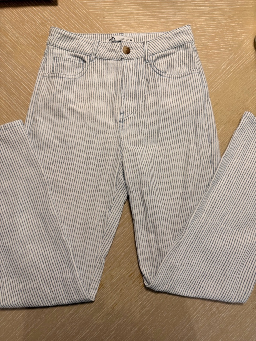 Zara White Jeans with Thin Blue Pinstripes - Straight Leg